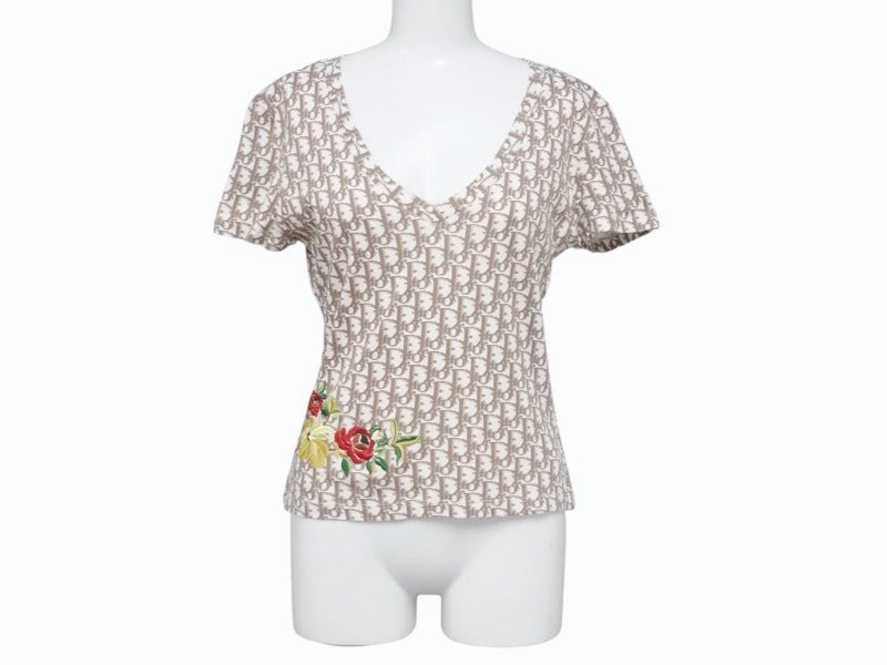 極美品 Christian Dior クリスチャンディオール Vネック半袖Tシャツ 5E16155951 サイズ40 ガリアーノ期 トロッター 花刺繍 中古 4b005704