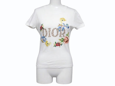 極美品 Christian Dior クリスチャンディオール 半袖Tシャツ 5E16155206 サイズ36 ホワイト ガリアーノ期 トロッター柄 花柄刺繍 中古 4b005706
