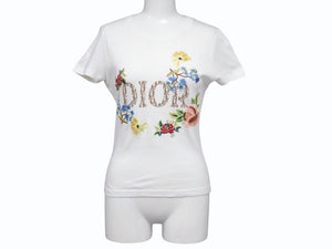 極美品 Christian Dior クリスチャンディオール 半袖Tシャツ 5E16155206 サイズ36 ホワイト ガリアーノ期 トロッター柄 花柄刺繍 中古 4b005706