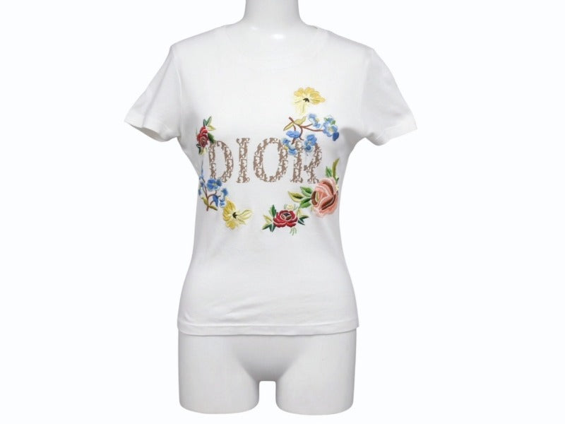 極美品 Christian Dior クリスチャンディオール 半袖Tシャツ 5E16155206 サイズ36 ホワイト ガリアーノ期 トロッター柄 花柄刺繍 中古 4b005706