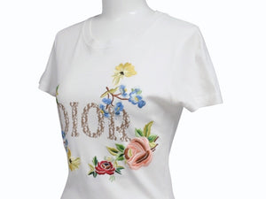 極美品 Christian Dior クリスチャンディオール 半袖Tシャツ 5E16155206 サイズ36 ホワイト ガリアーノ期 トロッター柄 花柄刺繍 中古 4b005706