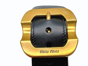 以前同様品 MIUMIU ミュウミュウ バックル付 ブレスレット レザー メタル ブラック ゴールド金具 サイズM 中古 4b005740 