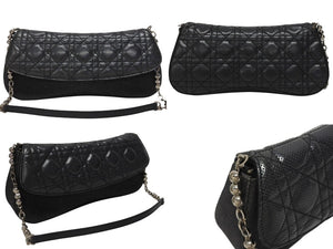 Dior ディオール カナージュ ショルダーバッグ ダークグレー デニム レザー コンビ チェーンストラップ ブラック 黒 美品 中古 4b005768