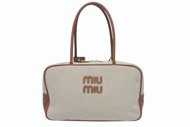 極美品 MIUMIU ミュウミュウ トップハンドルバッグ ナチュラル 5BB163 イタリア製 キャンバス レザー ロゴ ベージュ 中古 4c005786