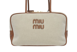極美品 MIUMIU ミュウミュウ トップハンドルバッグ ナチュラル 5BB163 イタリア製 キャンバス レザー ロゴ ベージュ 中古 4c005786