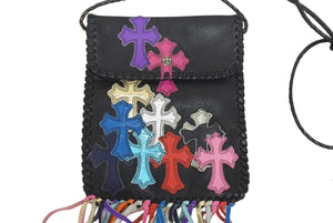 極美品 CHROME HEARTS クロムハーツ スクエア クロスポシェット フリンジ ショルダーバッグ セメタリー クロスパッチ マルチカラー ブラック 中古 4b005793