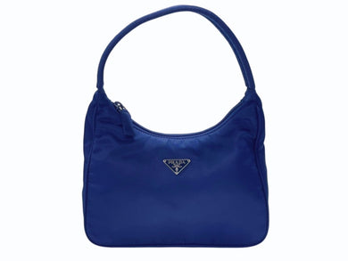 極美品 PRADA プラダ ホーボー ハンドバッグ トライアングルロゴ 三角プレートロゴ ブルー ナイロン シルバー金具 イタリア製 中古 4b005840
