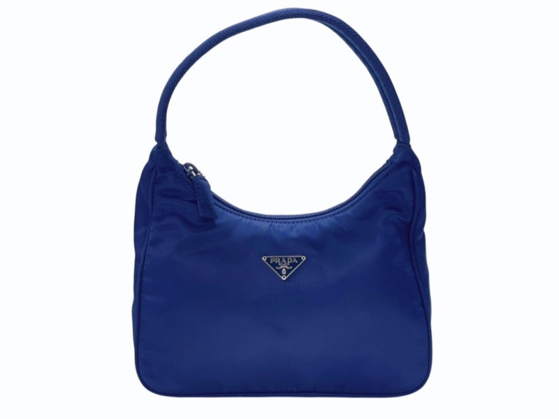 極美品 PRADA プラダ ホーボー ハンドバッグ トライアングルロゴ 三角プレートロゴ ブルー ナイロン シルバー金具 イタリア製 中古 4b005840