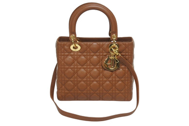 Christian Dior クリスチャンディオール LADY DIOR レディディオール ミディアム 2WAYハンドバッグ ラムスキン カナージュ ブラウン 美品 中古 4b005853