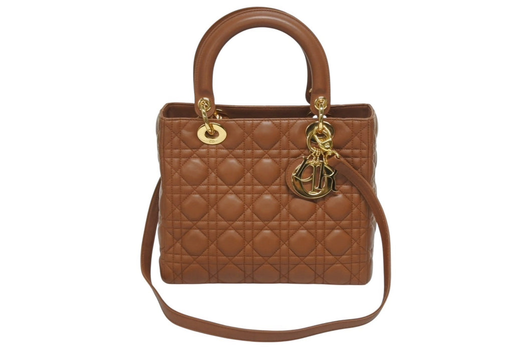 Christian Dior クリスチャンディオール LADY DIOR レディディオール ミディアム 2WAYハンドバッグ ラムスキン カナージュ ブラウン 美品 中古 4b005853