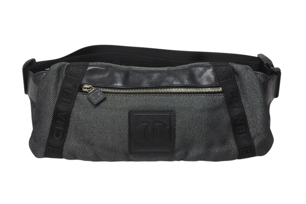 CHANEL シャネル スポーツライン ココマーク ウエストバッグ 10番台 ボディバッグ ブラック レザー ロゴ ジャガード シルバー金具 美品 中古 4b005860