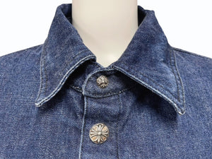 極美品 CHROME HEARTS クロムハーツ デニムジャケット ブルゾン サイズM クロスボールボタン インディゴブルー シルバー925 中古 4b005861
