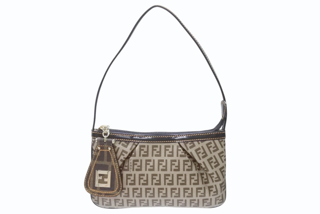 極美品 FENDI フェンディ ズッキーノ柄 ワンショルダーバッグ 8BR566 ハンドバッグ ベージュ ブラウン キャンバス レザー ゴールド金具 中古 4b005868