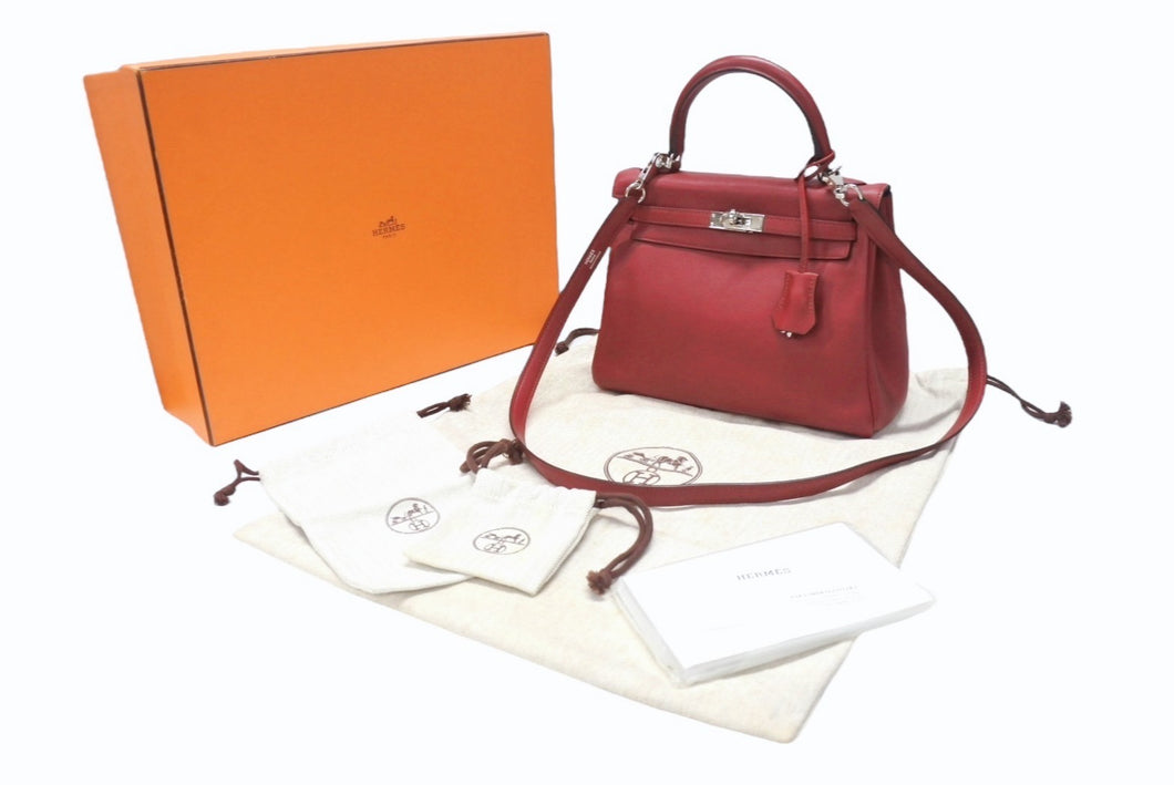 新品同様 HERMES エルメス ケリー25 2WAY ショルダーバッグ X刻印 ヴォースイフト ルージュグレナシルバー金具 中古 4b005898