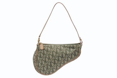 極美品 Christian Dior クリスチャンディオール サドルポーチ ガリアーノ期 ヴィンテージ トロッター柄 カーキ 中古 4b005899 