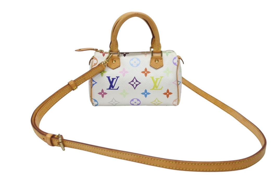 LOUIS VUITTON ルイヴィトン モノグラム マルチカラー ミニスピーディ ハンドバッグ M92645 PVC ヌメ革 ホワイト 村上隆 美品 中古 4b005906