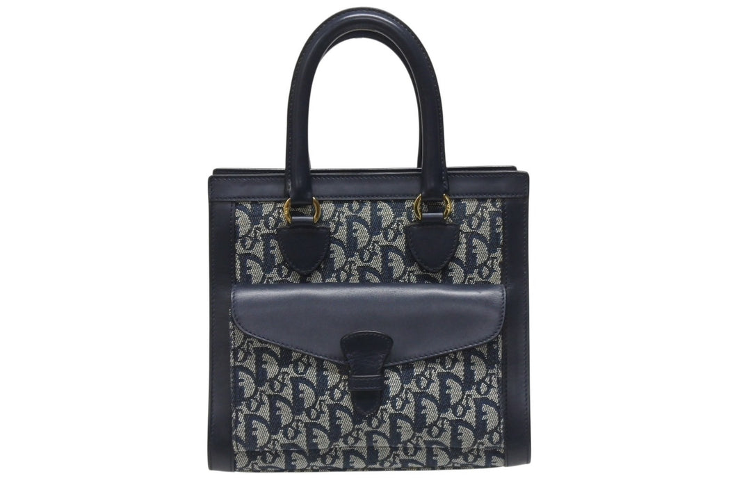 Christian Dior クリスチャンディオール トロッター ハンドバッグ キャンバス レザー ネイビー ゴールド金具 美品 中古 4b005910