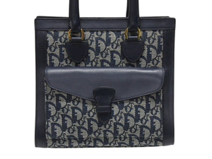 Christian Dior クリスチャンディオール トロッター ハンドバッグ キャンバス レザー ネイビー ゴールド金具 美品 中古 4b005910