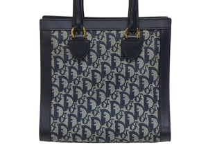 Christian Dior クリスチャンディオール トロッター ハンドバッグ キャンバス レザー ネイビー ゴールド金具 美品 中古 4b005910