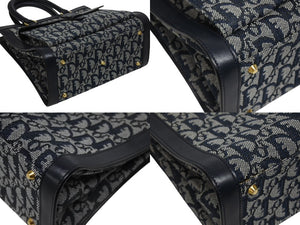 Christian Dior クリスチャンディオール トロッター ハンドバッグ キャンバス レザー ネイビー ゴールド金具 美品 中古 4b005910