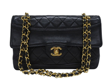 CHANEL シャネル マトラッセ25 Sフラップ Wチェーンショルダーバッグ 1番台 ココマーク ラムスキン ブラック ポーチ付き 美品 中古 4b005914