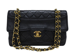CHANEL シャネル マトラッセ25 Sフラップ Wチェーンショルダーバッグ 1番台 ココマーク ラムスキン ブラック ポーチ付き 美品 中古 4b005914