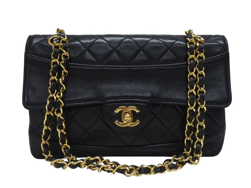 CHANEL シャネル マトラッセ25 Sフラップ Wチェーンショルダーバッグ 1番台 ココマーク ラムスキン ブラック ポーチ付き 美品 中古 4b005914