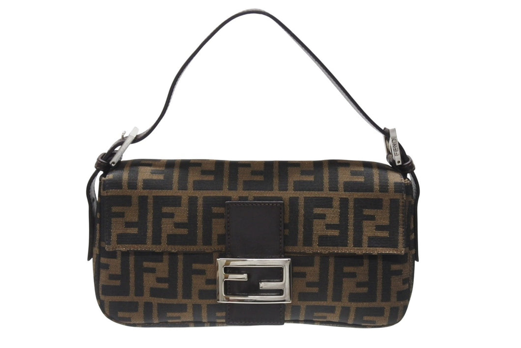 極美品 FENDI フェンディ マンマバケット ワンショルダーバッグ 26424 ズッカ柄 キャンバス レザー ブラウン シルバー金具 中古 4b005921