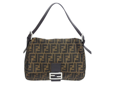FENDI フェンディ マンマバケット ショルダーバッグ ズッカ柄 コットンキャンバス レザー ブラウン シルバー金具 美品 中古 4b005923