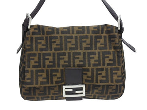 FENDI フェンディ マンマバケット ショルダーバッグ ズッカ柄 コットンキャンバス レザー ブラウン シルバー金具 美品 中古 4b005923