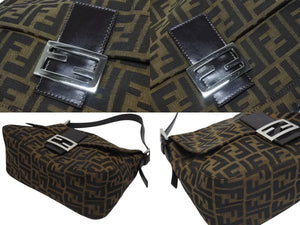 FENDI フェンディ マンマバケット ショルダーバッグ ズッカ柄 コットンキャンバス レザー ブラウン シルバー金具 美品 中古 4b005923
