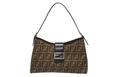 極美品 FENDI フェンディ マンマバケット ショルダーバッグ ズッカ柄 台形 コットンキャンバス レザー ブラウン シルバー金具 中古 4b005925