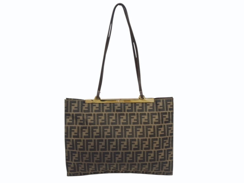 FENDI フェンディ ショルダーバッグ トートバッグ ズッカ柄 キャンバス ブラウン ゴールド金具 美品 中古 4b005927