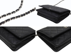 極美品 CHANEL シャネル クラシック チェーンウォレット AP0250 30番台 キャビアスキン ココマーク キルティング ブラック 中古 4b005962