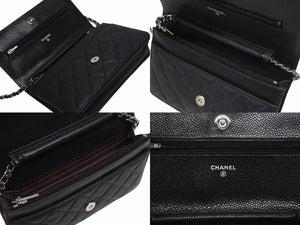 極美品 CHANEL シャネル クラシック チェーンウォレット AP0250 30番台 キャビアスキン ココマーク キルティング ブラック 中古 4b005962