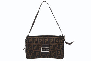 極美品 FENDI フェンディ ズッカ柄 ワンショルダーバッグ ジャガードキャンバス レザー ブラウン ベージュ ブラック シルバー金具 中古 4b005964