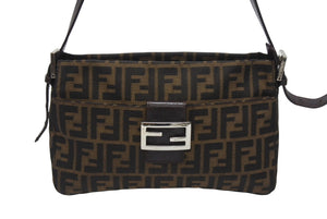 極美品 FENDI フェンディ ズッカ柄 ワンショルダーバッグ ジャガードキャンバス レザー ブラウン ベージュ ブラック シルバー金具 中古 4b005964