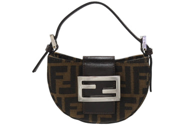 FENDI フェンディ マンマバケット ミニクロワッサン ズッカ柄 ハンドバッグ キャンバス レザー ブラウン シルバー金具 美品 中古 4b005973