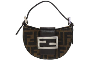 FENDI フェンディ マンマバケット ミニクロワッサン ズッカ柄 ハンドバッグ キャンバス レザー ブラウン シルバー金具 美品 中古 4b005973