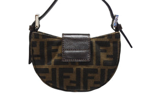 FENDI フェンディ マンマバケット ミニクロワッサン ズッカ柄 ハンドバッグ キャンバス レザー ブラウン シルバー金具 美品 中古 4b005973