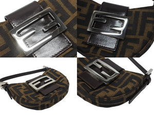 FENDI フェンディ マンマバケット ミニクロワッサン ズッカ柄 ハンドバッグ キャンバス レザー ブラウン シルバー金具 美品 中古 4b005973