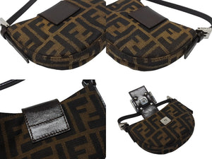FENDI フェンディ マンマバケット ミニクロワッサン ズッカ柄 ハンドバッグ キャンバス レザー ブラウン シルバー金具 美品 中古 4b005973
