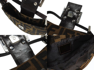 FENDI フェンディ マンマバケット ミニクロワッサン ズッカ柄 ハンドバッグ キャンバス レザー ブラウン シルバー金具 美品 中古 4b005973
