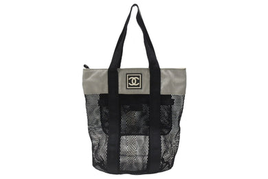 CHANEL シャネル スポーツライン ココマーク メッシュ トートバッグ キャンバス ブラック グレー 美品 中古 4b005987