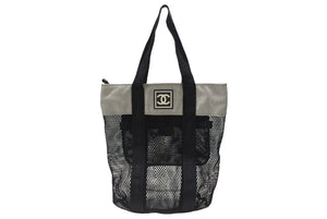CHANEL シャネル スポーツライン ココマーク メッシュ トートバッグ キャンバス ブラック グレー 美品 中古 4b005987