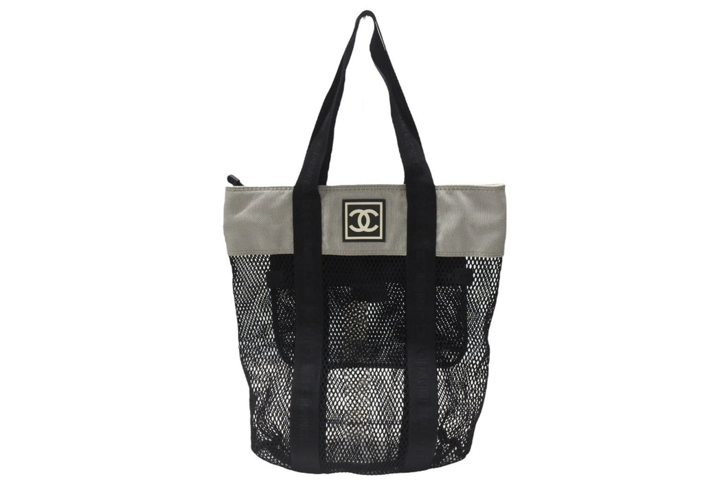 CHANEL シャネル スポーツライン ココマーク メッシュ トートバッグ キャンバス ブラック グレー 美品 中古 4b005987