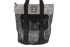 CHANEL シャネル スポーツライン ココマーク メッシュ トートバッグ キャンバス ブラック グレー 美品 中古 4b005987