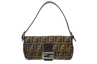 極美品 FENDI フェンディ マンマバケット ワンショルダーバッグ 26424 ズッカ柄 キャンバス レザー ブラウン シルバー金具 中古 4b006012