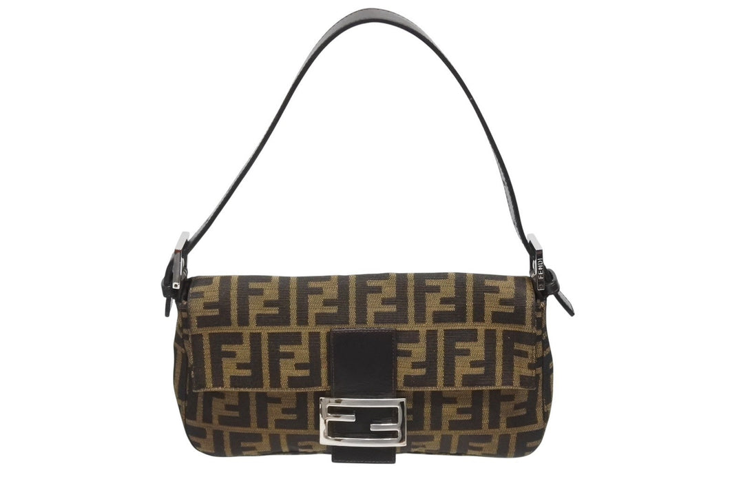 極美品 FENDI フェンディ マンマバケット ワンショルダーバッグ 26424 ズッカ柄 キャンバス レザー ブラウン シルバー金具 中古 4b006012