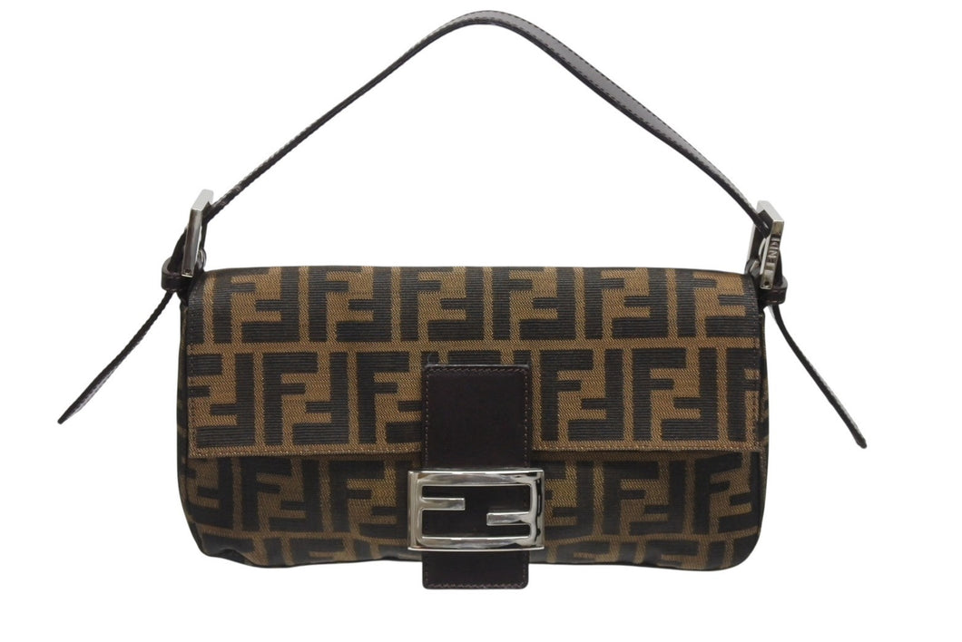 極美品 FENDI フェンディ マンマバケット ワンショルダーバッグ 26424 ズッカ柄 キャンバス レザー ブラウン シルバー金具 中古 4b006013